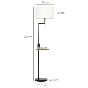 Moderne HOMCOM Stehleuchte aus schwarzem Stahl mit cremefarbenem Stoffschirm, USB-Anschluss und runder Ablage, 168 cm hoch.