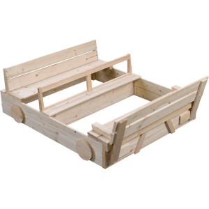 SwingKing Sandkasten Auto aus unbehandeltem Holz, 120x100cm, mit Sitzgelegenheit.
