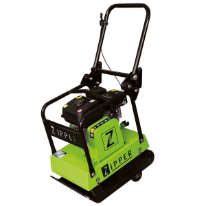 Grün-schwarze Zipper Rüttelplatte ZI-RPE120GYN. Baumaschine mit Fahrwerk für Pflaster- und Gartenarbeiten.