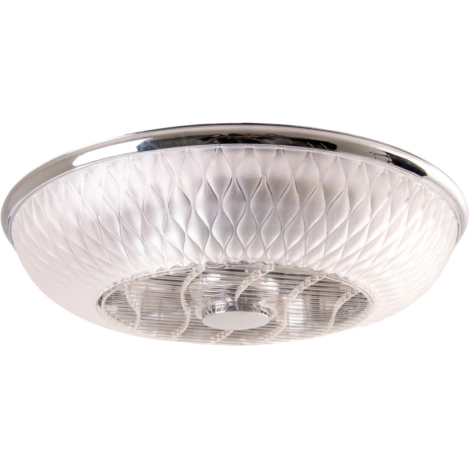 LED-Deckenleuchte Viento mit Ventilator, Chromrand, Kunststoffschirm mit Muster.