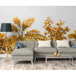 Fototapete Dschungel mit Palmen und Steinwand in Orange und Weiß (3,50 m x 2,55 m).