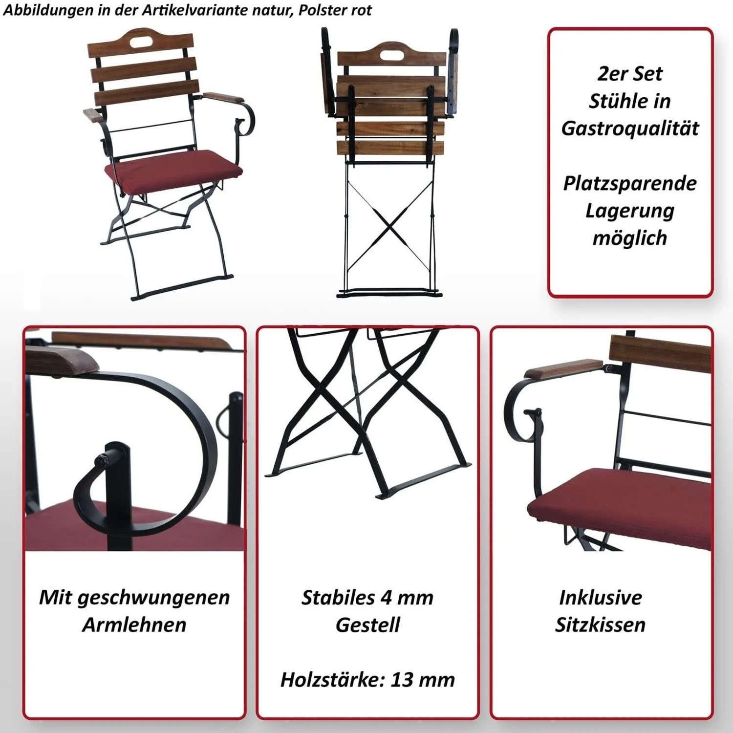 2er Set Biergartenstühle, hellbraunes Holz, sandfarbene Polster, klappbar.