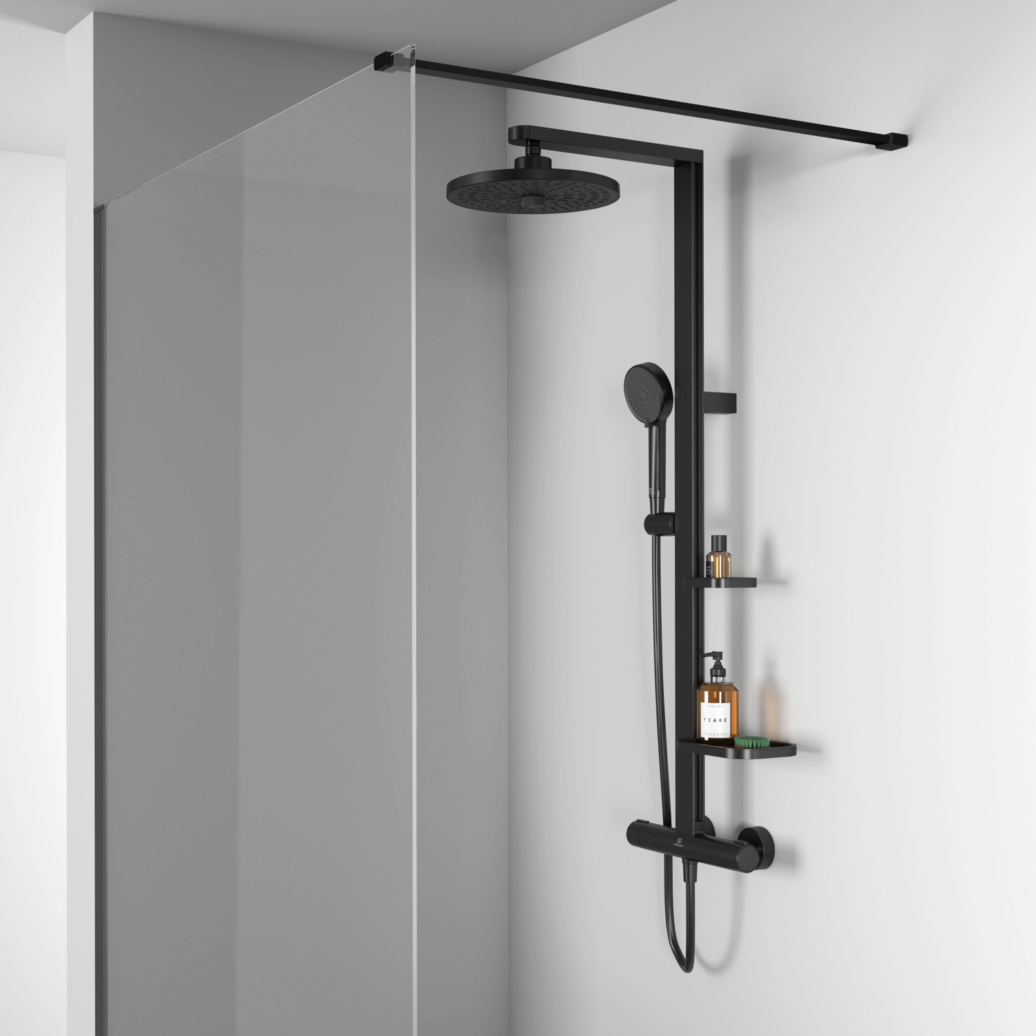 Ideal Standard Brausegarnitur Thermostat, Regen- und Handbrause, Schwarz Matt, mit Ablagen.