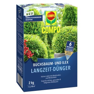 Compo Buchsbaum- und Ilex Langzeit-Dünger 2kg Packung für dichten, gesunden Blattwuchs und Winterhärte.