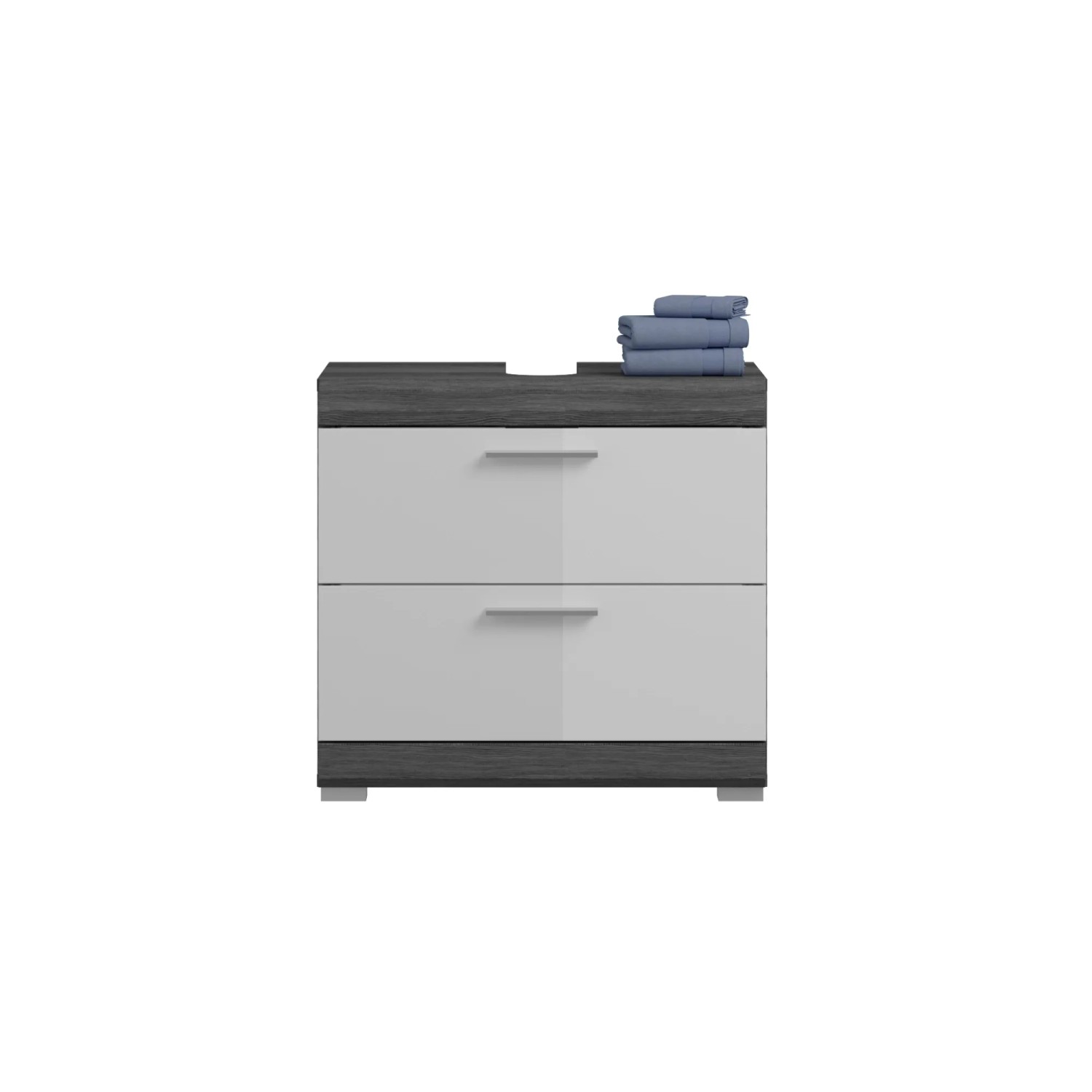 Waschbeckenunterschrank in Weiß und Rauchsilber mit 2 Schubladen, 60x56x34 cm.