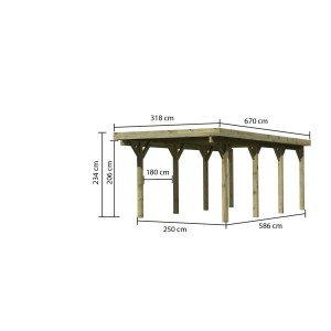 Karibu Einzelcarport Classic mit Stahl-Dacheindeckung und Maßangaben.