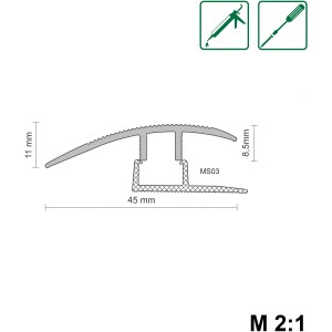 Zeichnung Übergangsprofil Nr. 82, clipbar, Alu, 45x11x900 mm, silber, Maße