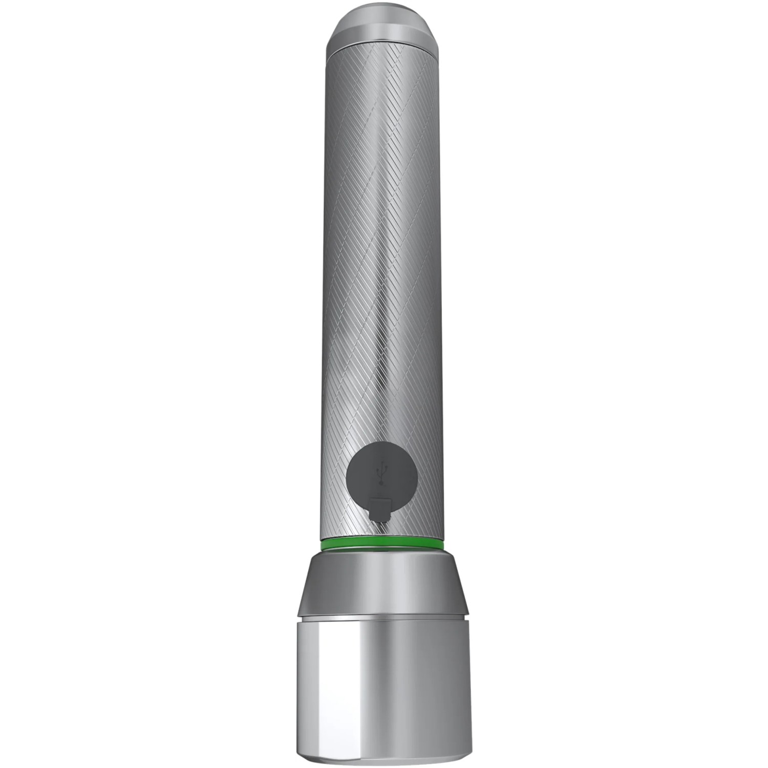 Silberne Energizer LED-Taschenlampe Vision HD Rechargeable mit USB-Anschlüssen.