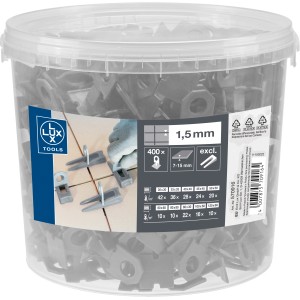 LUX Nivellierhilfe: 400 Clips, 1,5 mm Fugenbreite, für Fliesen von 7-15 mm Stärke.