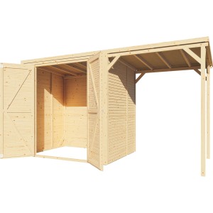 Bertilo Holz-Gartenhaus Box 2 Plus mit Doppeltür und Anbau, naturbelassen.