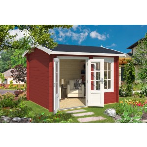 Lasita Maja Gartenhaus Alex, schwedenrot, 300x250 cm, mit geöffneten Doppeltüren und Dachüberstand.