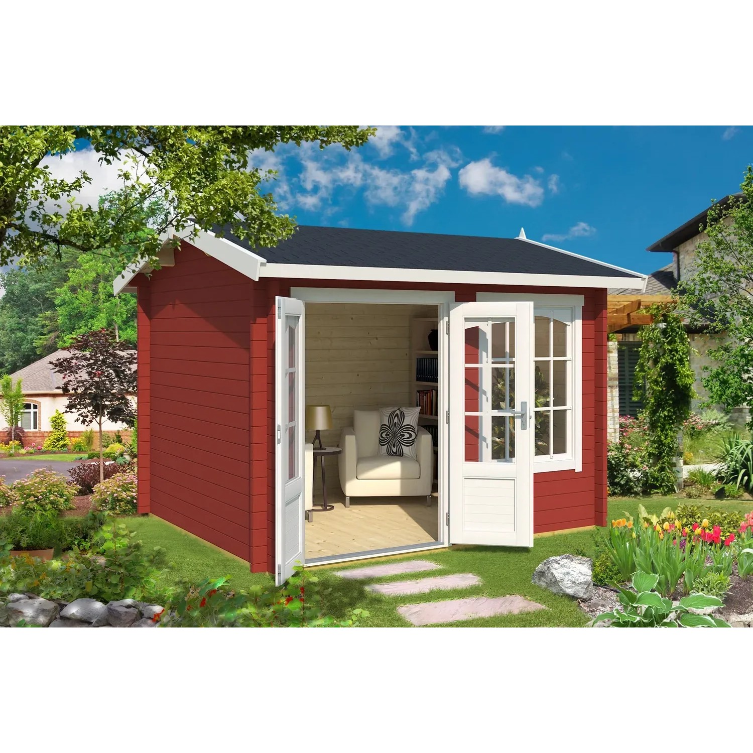 Lasita Maja Gartenhaus Alex, schwedenrot, 300x250 cm, mit geöffneten Doppeltüren und Dachüberstand.