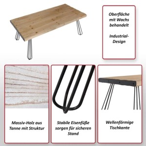 Couchtisch MCW L73: Wohnzimmertisch aus Tannenholz mit Eisenfüßen im Industrial-Design.