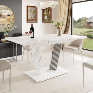 Weißer Ausziehtisch mit Marmoroptik und modernem Metallgestell. Flexibler Küchen- oder Wohnzimmertisch für stilvolle Essbereiche.