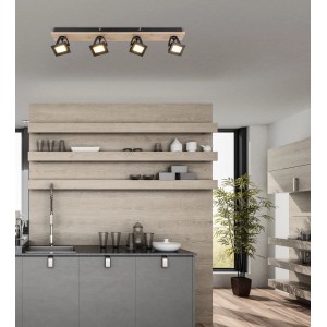 Globo LED-Strahler Joya, 4-flammig, schwarz matt, mit Holzapplikation. Moderner Deckenstrahler für Innenräume.