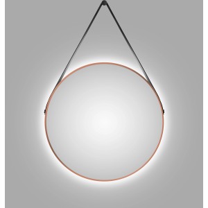 Runder LED-Lichtspiegel Silver Barbier in Kupfer mit Lederband, Ø 80 cm.