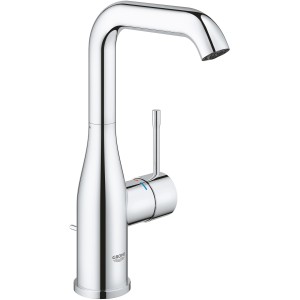 Grohe Essence Waschtischarmatur L-Size, Chrom, mit schwenkbarem Auslauf und Zugstangen-Ablaufgarnitur.