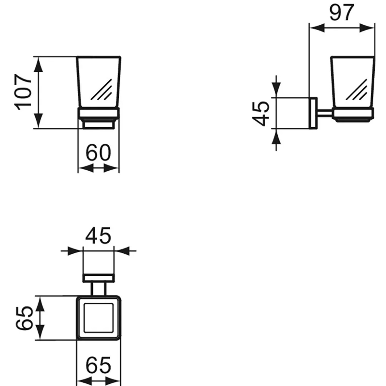 Technische Zeichnung: Ideal Standard IOM Cube Zahnputzbecher mit Halterung aus Chrom und satiniertem Glas.