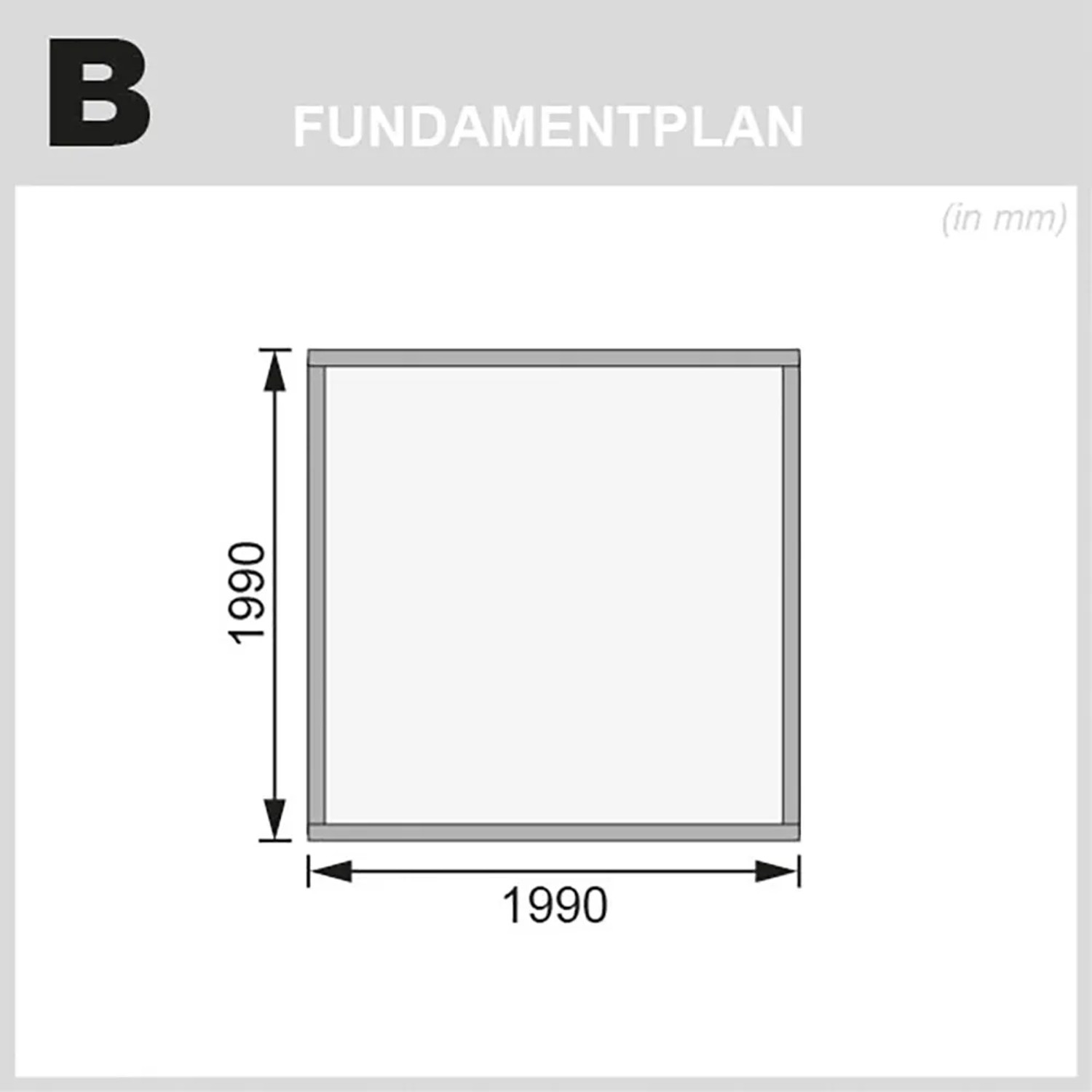 Fundamentplan für Karibu Holz-Gartenhaus Kumla 1, 200x200 cm. Abmessungen in mm.
