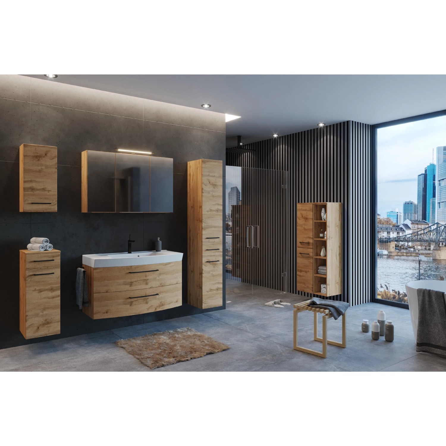 Held Möbel Waschtisch-Set Florenz, 100 cm, Wotaneiche, mit Spiegelschrank und Unterschrank. Badmöbel-Set.