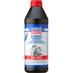 Liqui Moly Getriebeöl GL4 SAE 80W 1 l im schwarzen Behälter mit rotem Deckel.