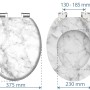 Schütte WC-Sitz MDF Marmor Stone mit Absenkautomatik, Maße dargestellt.