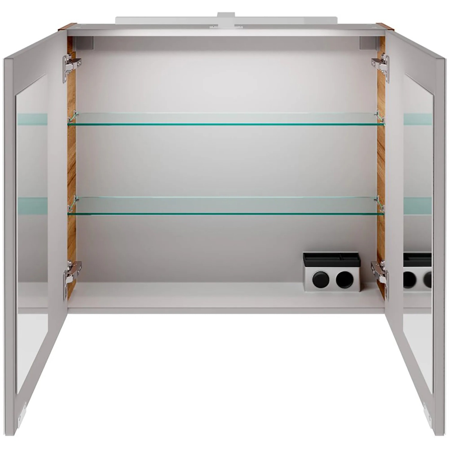 Offener Fackelmann LED-Spiegelschrank B.Brillant 80 cm Asteiche mit Glasböden und Elektrobox.