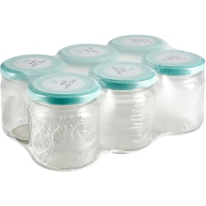 6er Pack Einmachgläser (212 ml) mit mintfarbenen Schraubdeckeln und "Made with Love" Schriftzug.