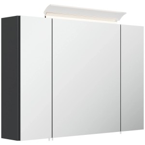 Grafitfarbener Spiegelschrank 90 cm mit 3 Spiegeltüren und integrierter LED-Lampe. Ideal fürs Badezimmer.