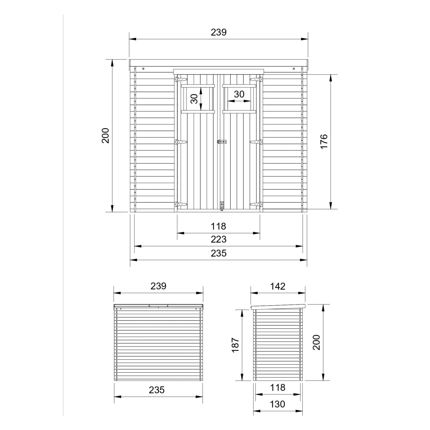 Technische Zeichnung: Timbela Gartenhaus M310, 2,63 m², Holz Gartenschuppen mit Maßen.
