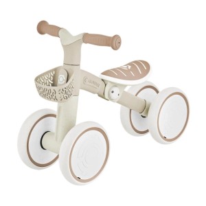 Taupe Globber Lernrad, 4-rädrig, mit 7 Zoll EVA-Bereifung, höhenverstellbarem Sattel und abnehmbarem Lenkerkorb für Kinder.