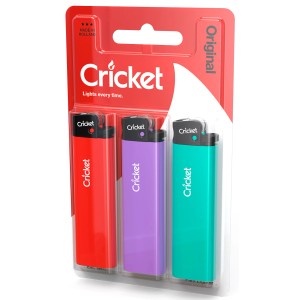 3er-Pack Cricket Feuerzeuge Original Essential in Rot, Lila und Türkis. Haushaltshelfer für den täglichen Gebrauch.