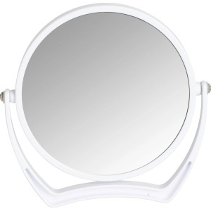 Weißer Wenko Kosmetikspiegel Noale mit runder Spiegelfläche und Standfuß.