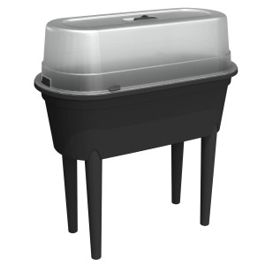 Anthrazitfarbenes Kunststoff-Hochbeet mit ovaler Form und transparenter Abdeckhaube.