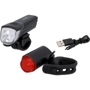 Fischer Akku-LED Fahrradbeleuchtung Set mit Front- und Rücklicht, USB-Ladekabel.