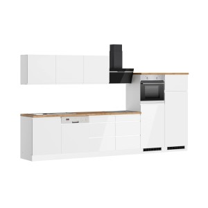 Moderne Küchenzeile Gera 360 cm in Weiß/Wotan mit E-Geräten, inklusive Dunstabzugshaube, Kochfeld, Backofen und Geschirrspüler.