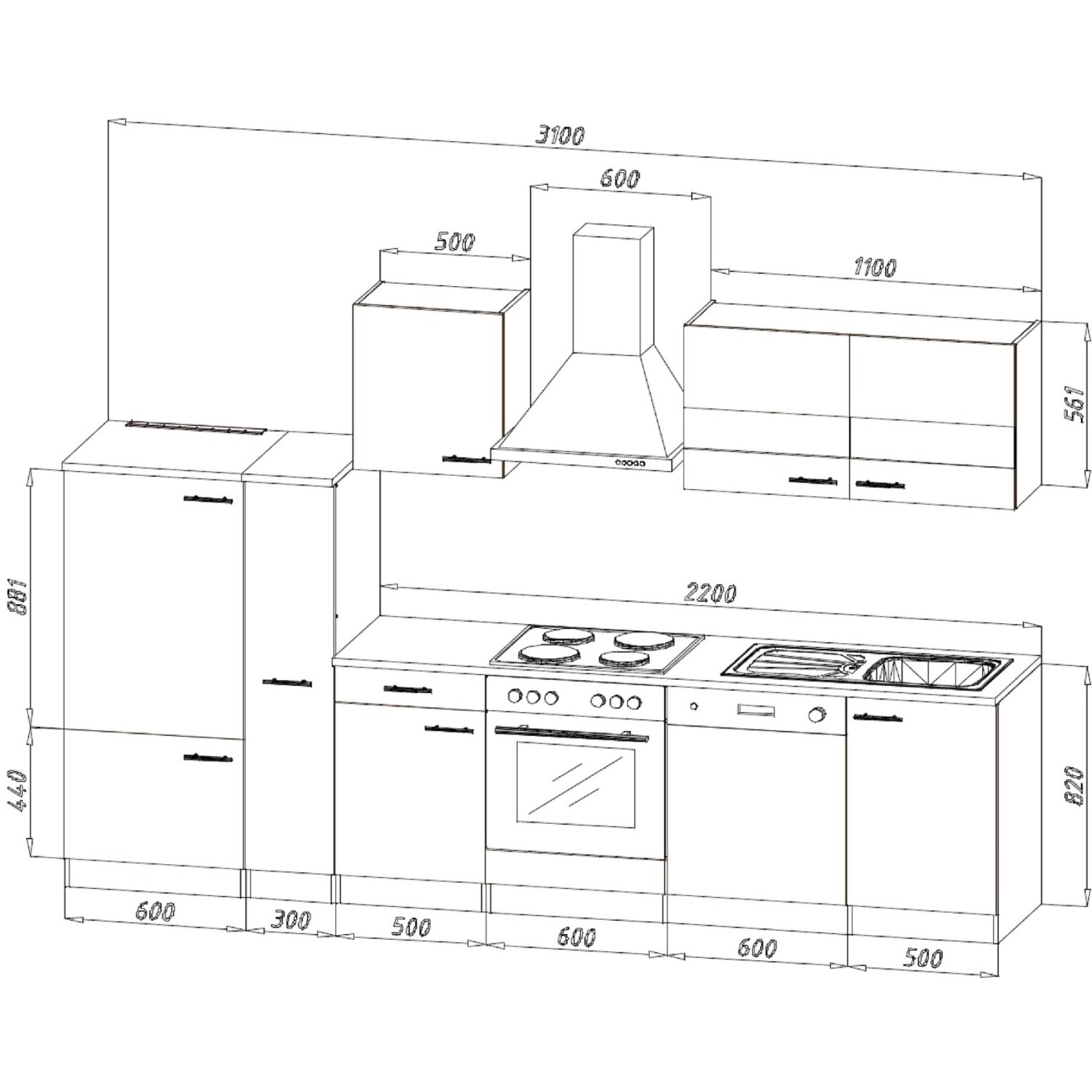 Skizze der Respekta Economy Küchenzeile KB310ESSS, 310 cm, Schwarz-Eiche Sägerau, mit Maßen.