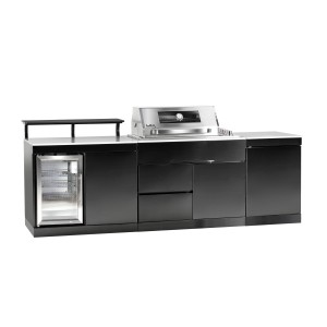 Buschbeck Outdoorküche Bradford mit schwarzem Edelstahl und weißer Marmorplatte, inklusive Kühlschrank.