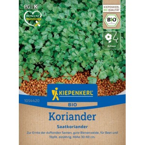 Kiepenkerl BIO Koriander Saatgut: Packung mit Korianderpflanze und Samen, geeignet für Beet und Topf.