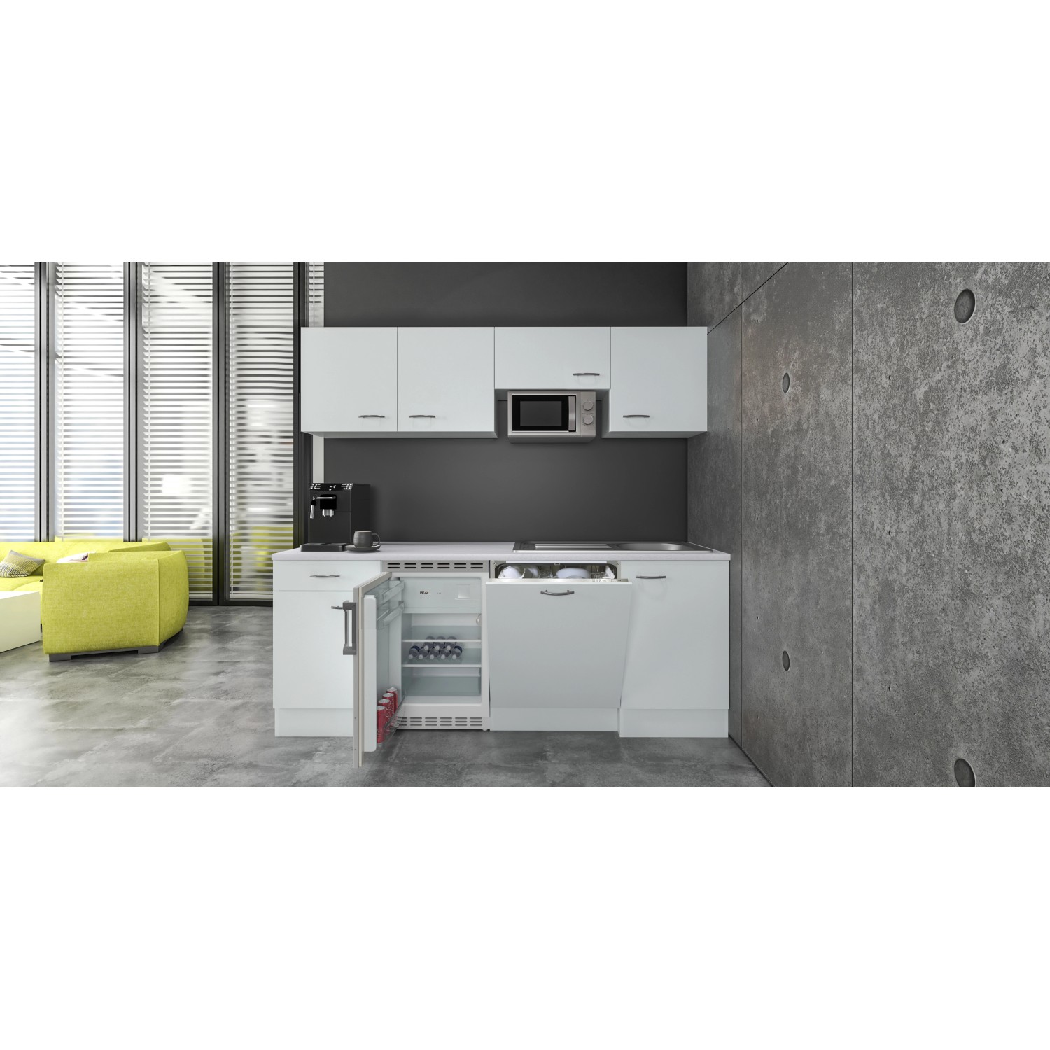 Flex-Well Büroküche Wito 210 cm in Weiß mit E-Geräten und Spüle.