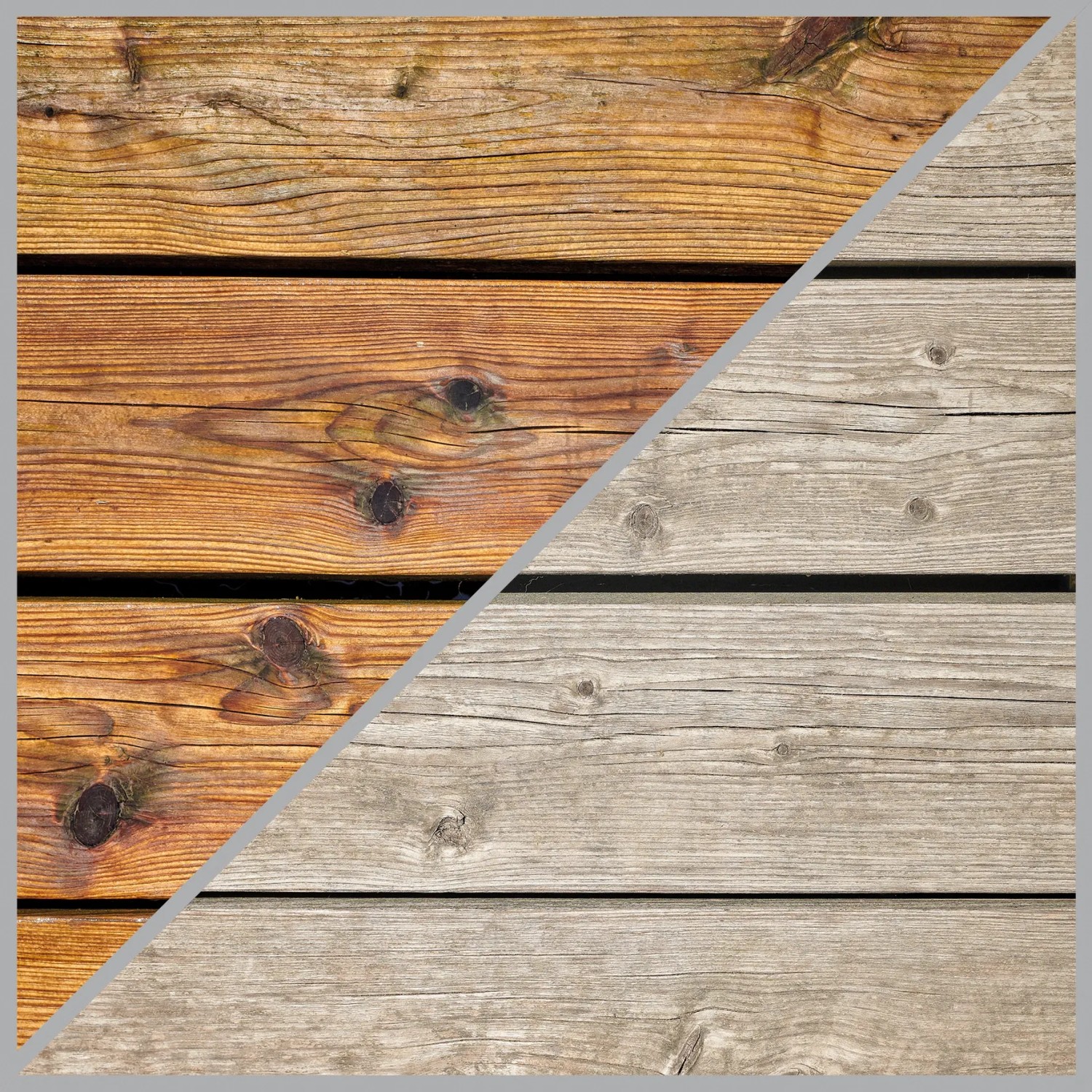 Vorher/Nachher: Holzterrasse gereinigt mit Einhell Oberflächenbürste SOFT. Gartenhandgerät für Holz und Kunstrasen.