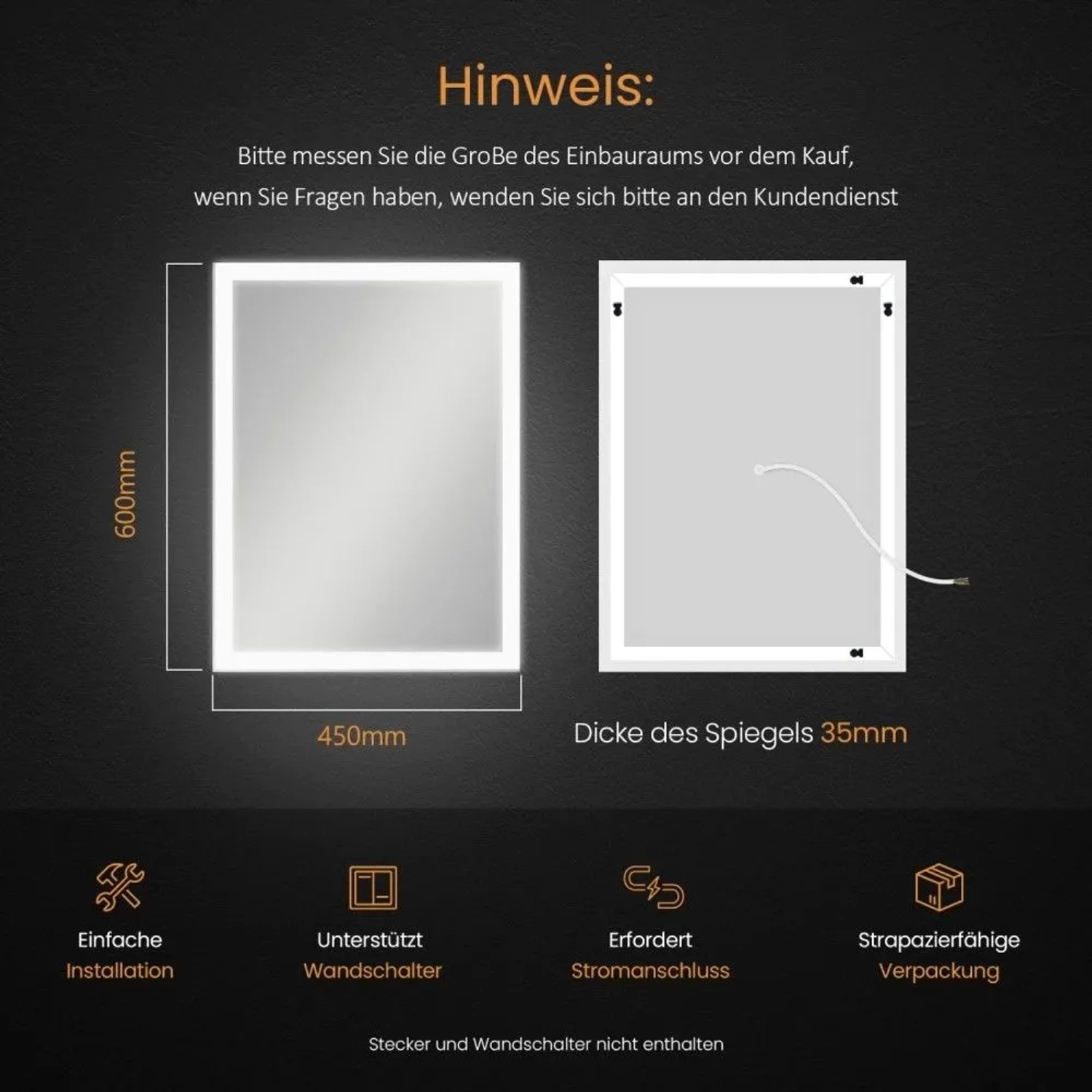 Emke LED Badspiegel 45 x 60 cm Wandspiegel Badezimmerspiegel mit Beschlagfrei Kippschalter KaltweißWarmweiß_4