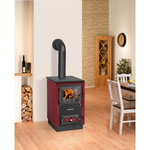 Roter Justus Küchenofen Rustico 50 mit Kochplatte und Stahlverkleidung, 7 kW Leistung.