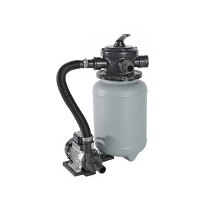 Sandfilteranlage für BWT Rundpool-Set Feeling, grauer Filterkessel mit Pumpe und Schlauch.