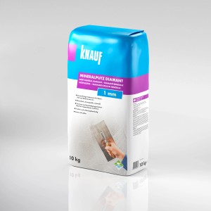Knauf Diamant Mineralputz, 1 mm Körnung, 10 kg Sack. Reinweißer Innen- und Außenputz für Wisch-, Roll- und Kellenstrukturen.