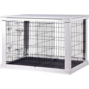 Weiße Hundebox Indoor mit Tischoberfläche aus Holz, 110x73x76 cm, Gitter schwarz.