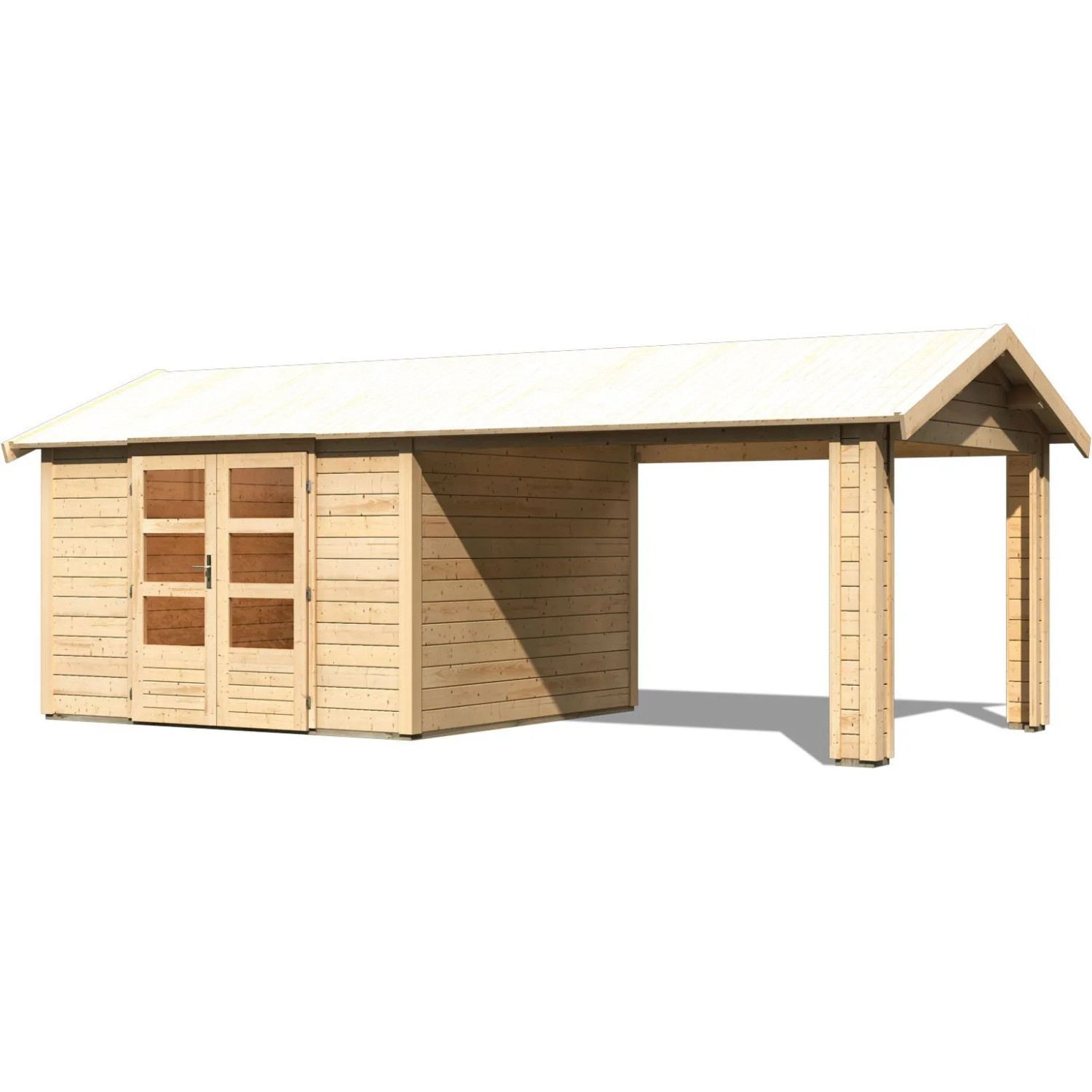 Karibu Holz-Gartenhaus Timra, naturbelassen mit Satteldach und Anbau, 300x300 cm.