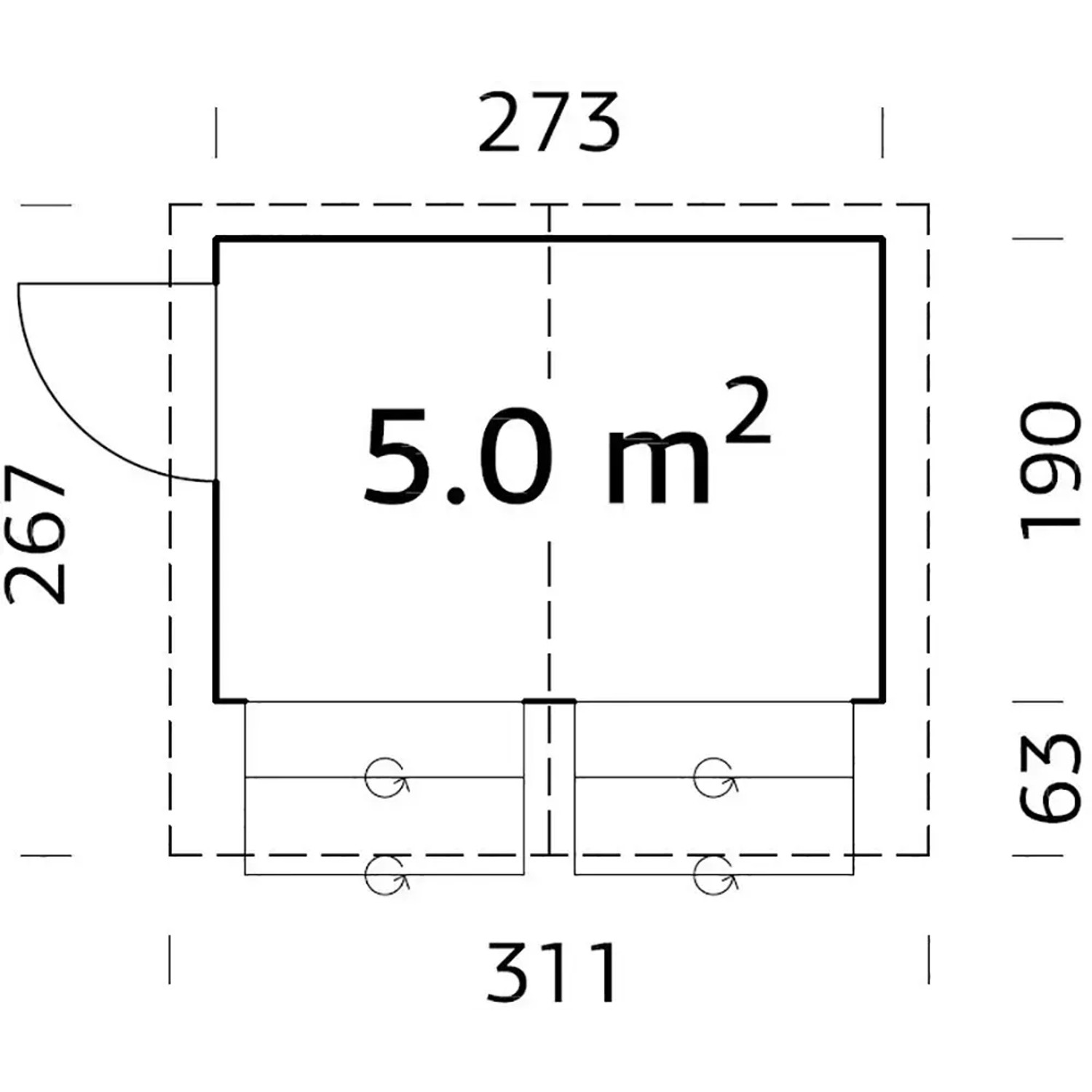Grundriss Palmako Stella Gartenhaus, 273x190 cm, Satteldach, Holz-Gartenhaus mit Maßangaben.