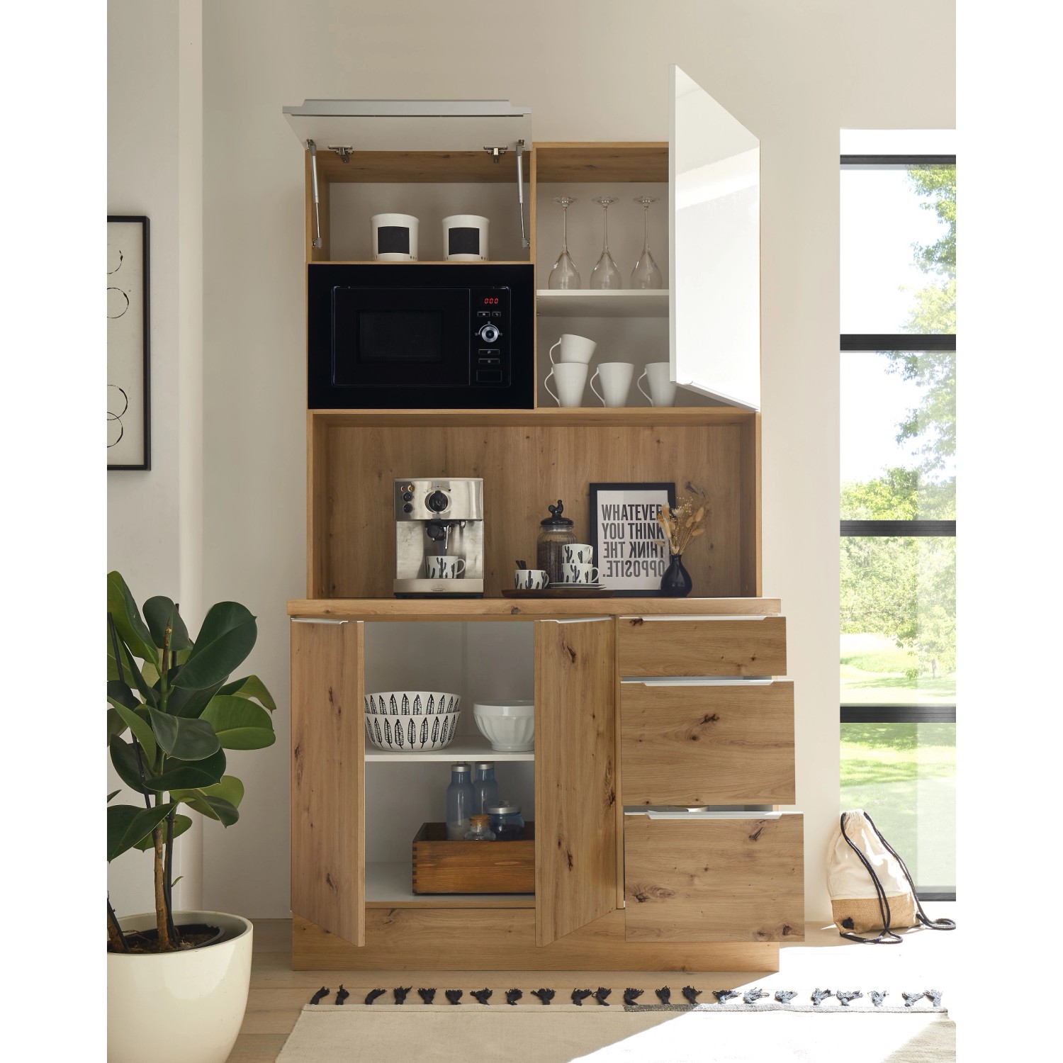 Respekta Single-Küche Marleen in Artisan-Eiche/Weiß mit Mikrowelle. Kompakte Küchenzeile mit viel Stauraum.