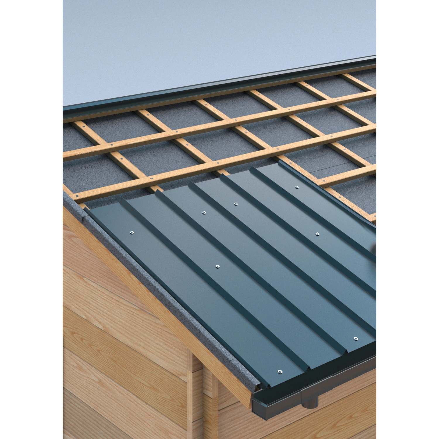 Nahaufnahme: SDF Dachblech befestigt mit Alu-Anthrazit Schrauben (6x38mm).